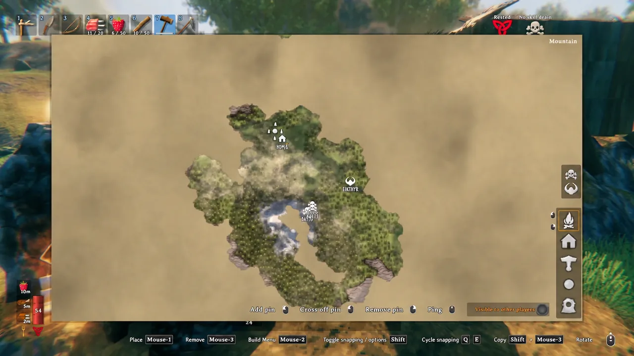 Valheim world map with pins marking Black Forest territory where Burial Chambers hold Surtling Cores
