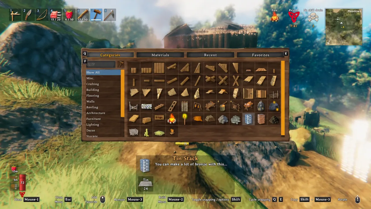 Valheim build menu open on the Show All category with a stack piece selected and its costs listed