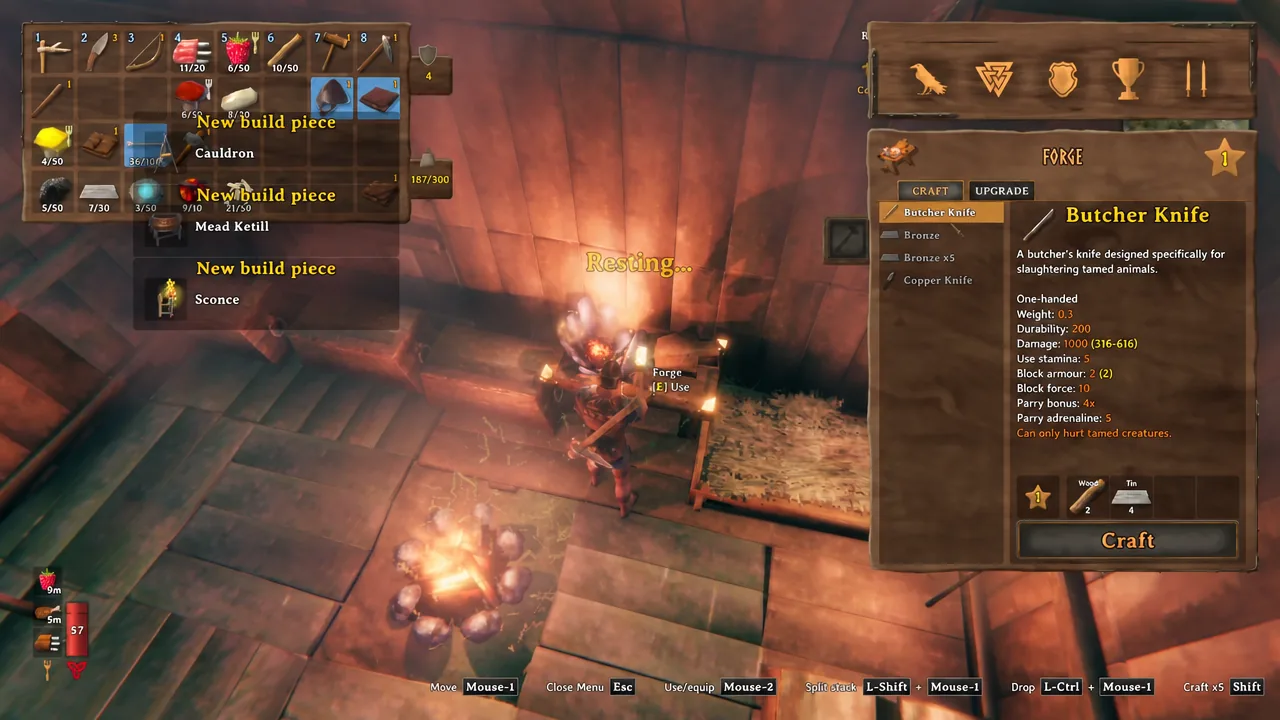 Valheim Forge crafting screen with the Butcher Knife highlighted and the Craft button active