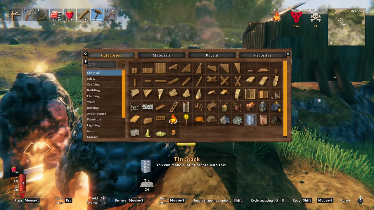 Valheim build menu showing the Smelter and Charcoal Kiln entries and their material costs