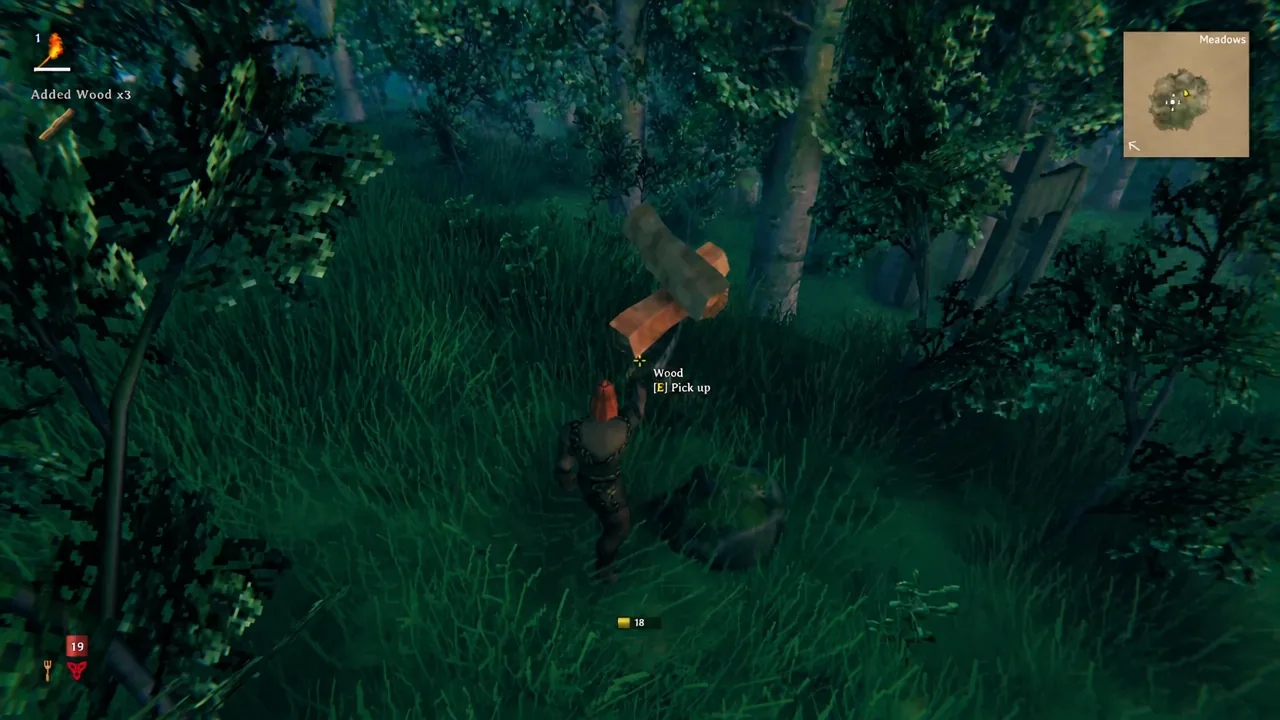 Player aiming at a loose Wood branch on the ground with the E Pick up prompt showing