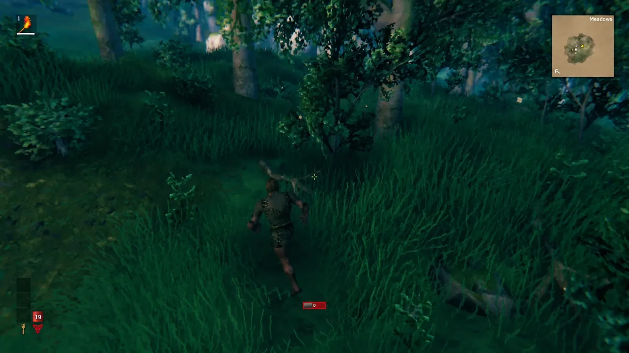 Valheim Viking with red hair standing in the Meadows after crafting the first stone tool