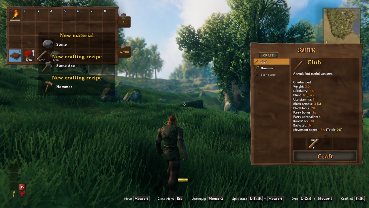 Valheim crafting tab with the Club highlighted and the Craft button below the item stats