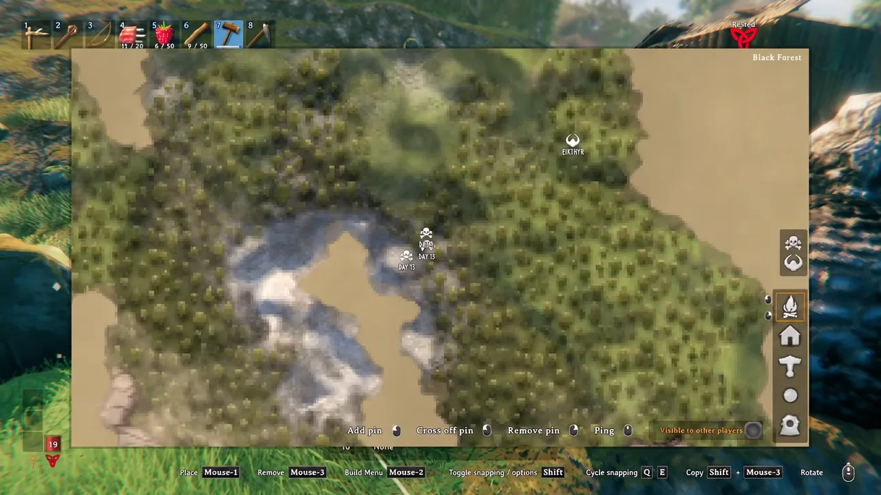 Valheim world map open over the Black Forest with the marker tool ready to drop a pin