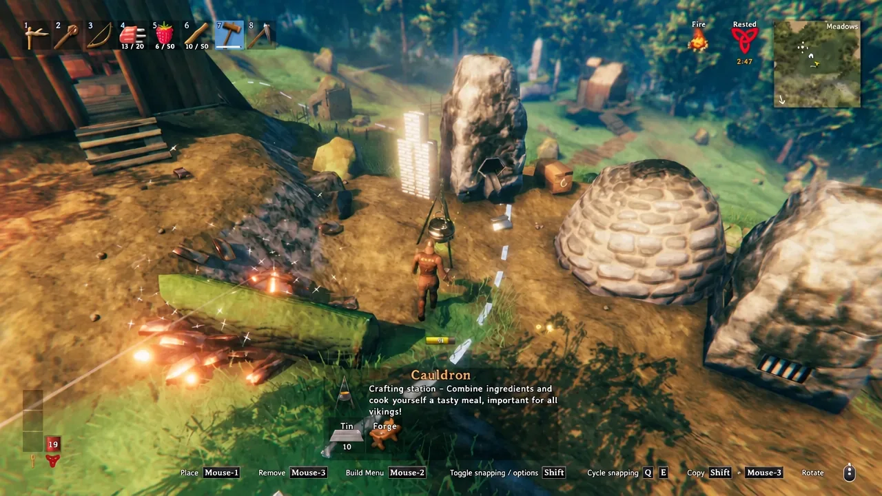 The Hammer's Crafting tab open while a station's placement preview is lined up on the ground.