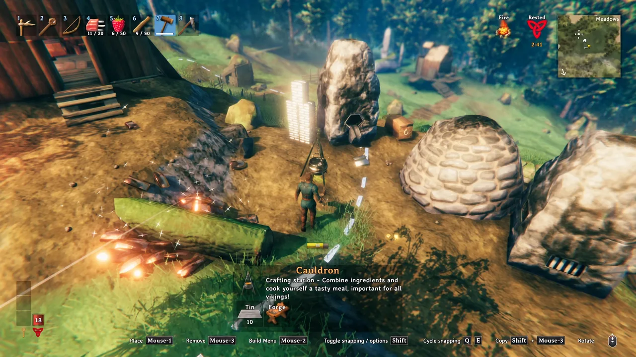 Build menu showing a Cauldron entry selected with its placement preview in the workshop