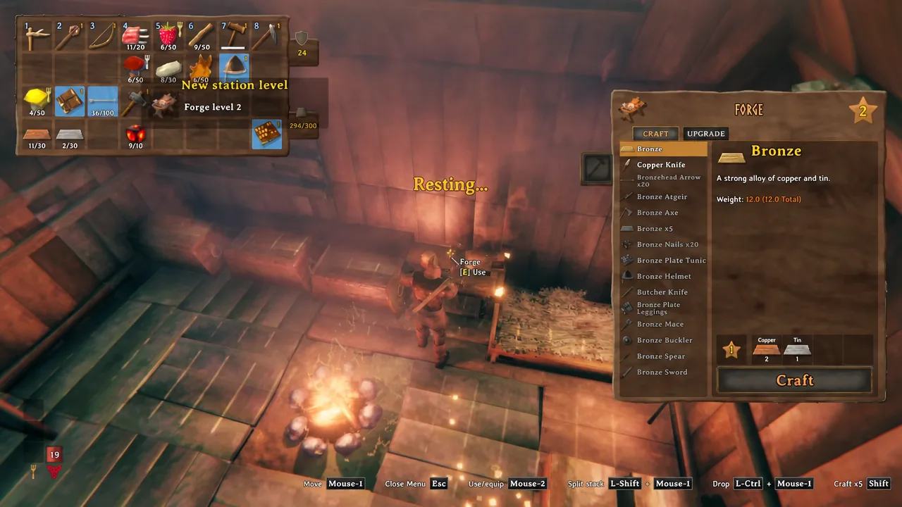 Forge crafting menu open with the bronze recipe list and the Craft button highlighted