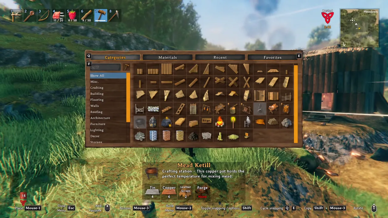 Hammer build menu open on the Crafting category with Mead Ketill highlighted