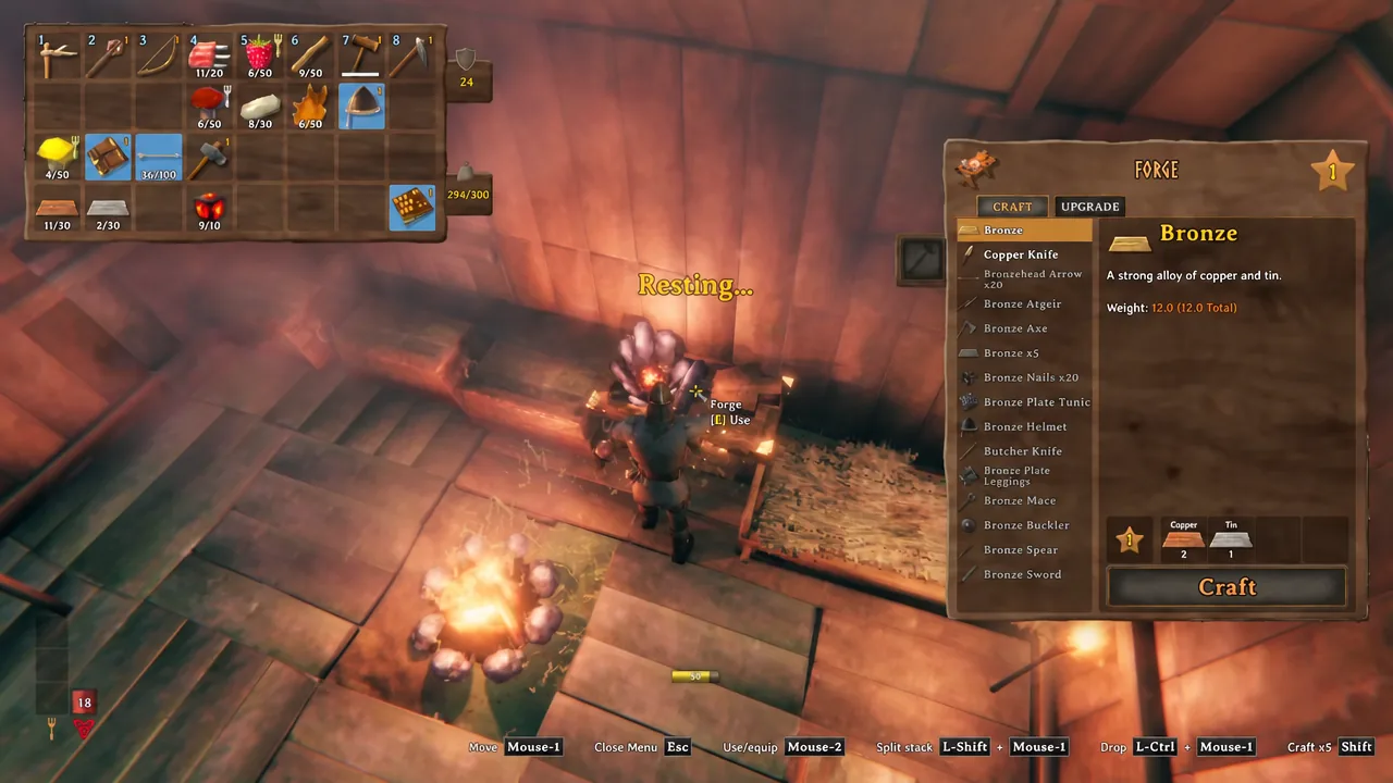 Forge crafting menu with Bronze selected and the Craft button ready