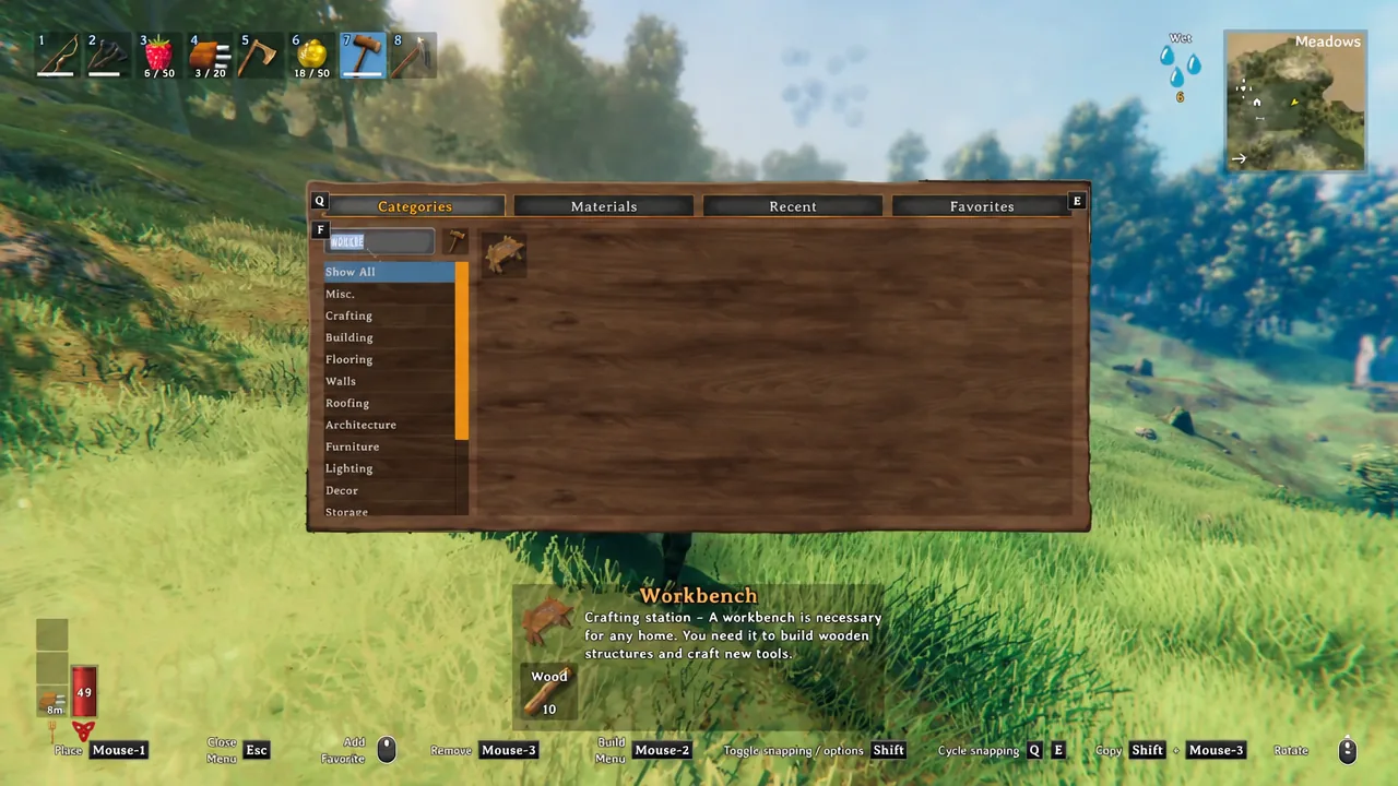The Workbench in the hammer's build menu, with its material cost shown before placement.