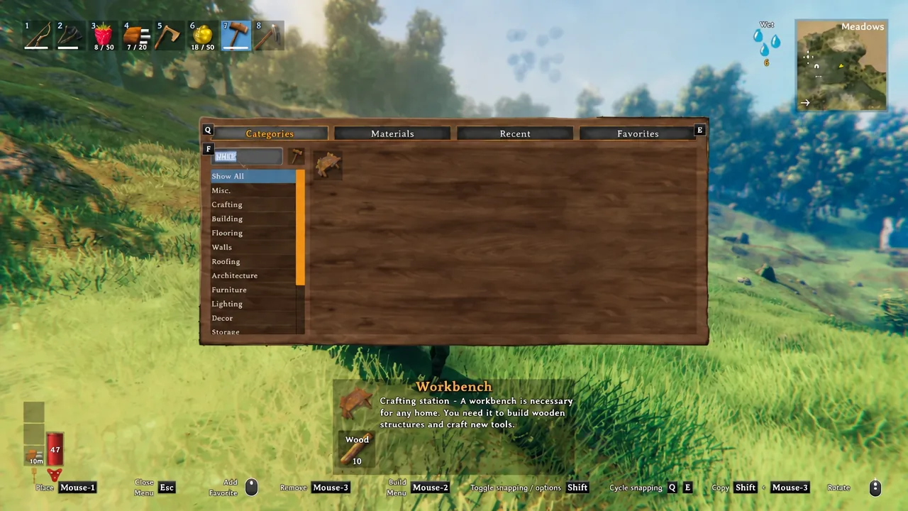 Build menu with the Workbench selected and its wood cost shown before placement