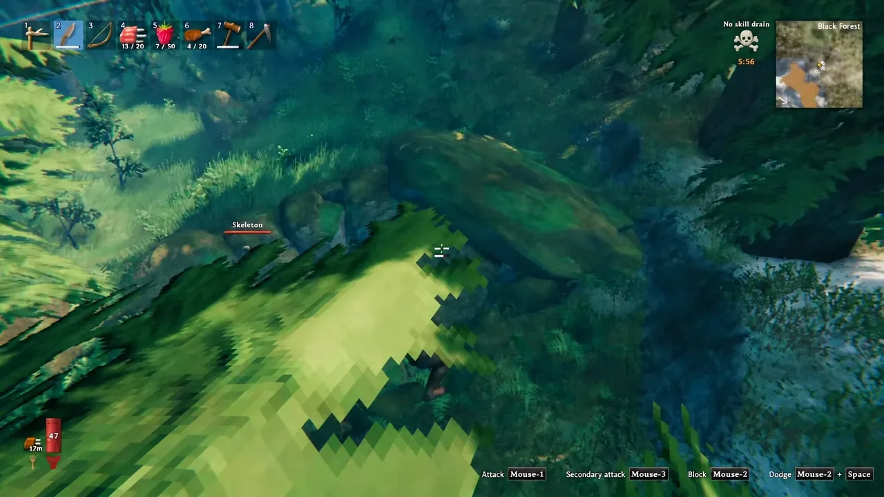 Player squaring up against a Skeleton guarding a Black Forest Burial Chamber