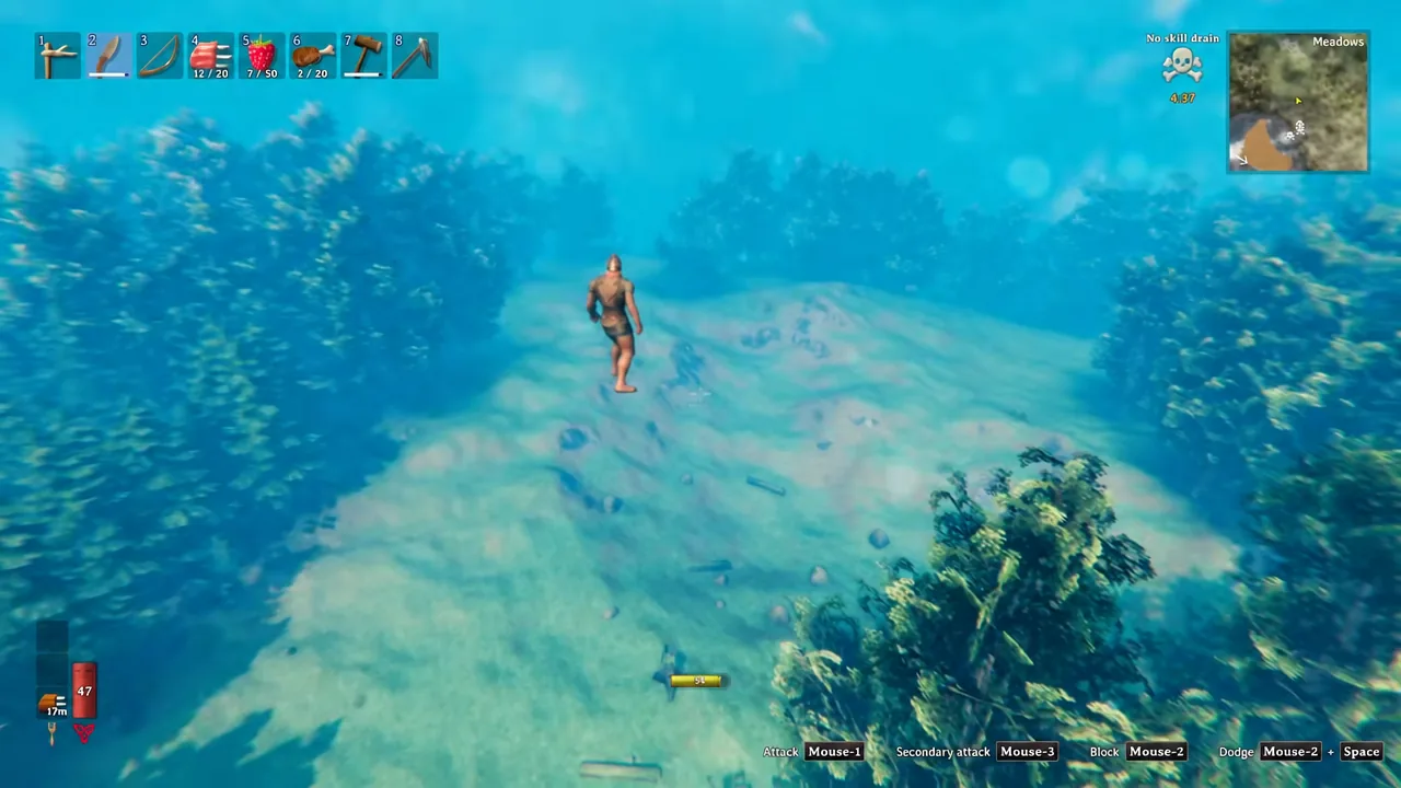Viking swimming underwater in Valheim with the second hotbar slot highlighted