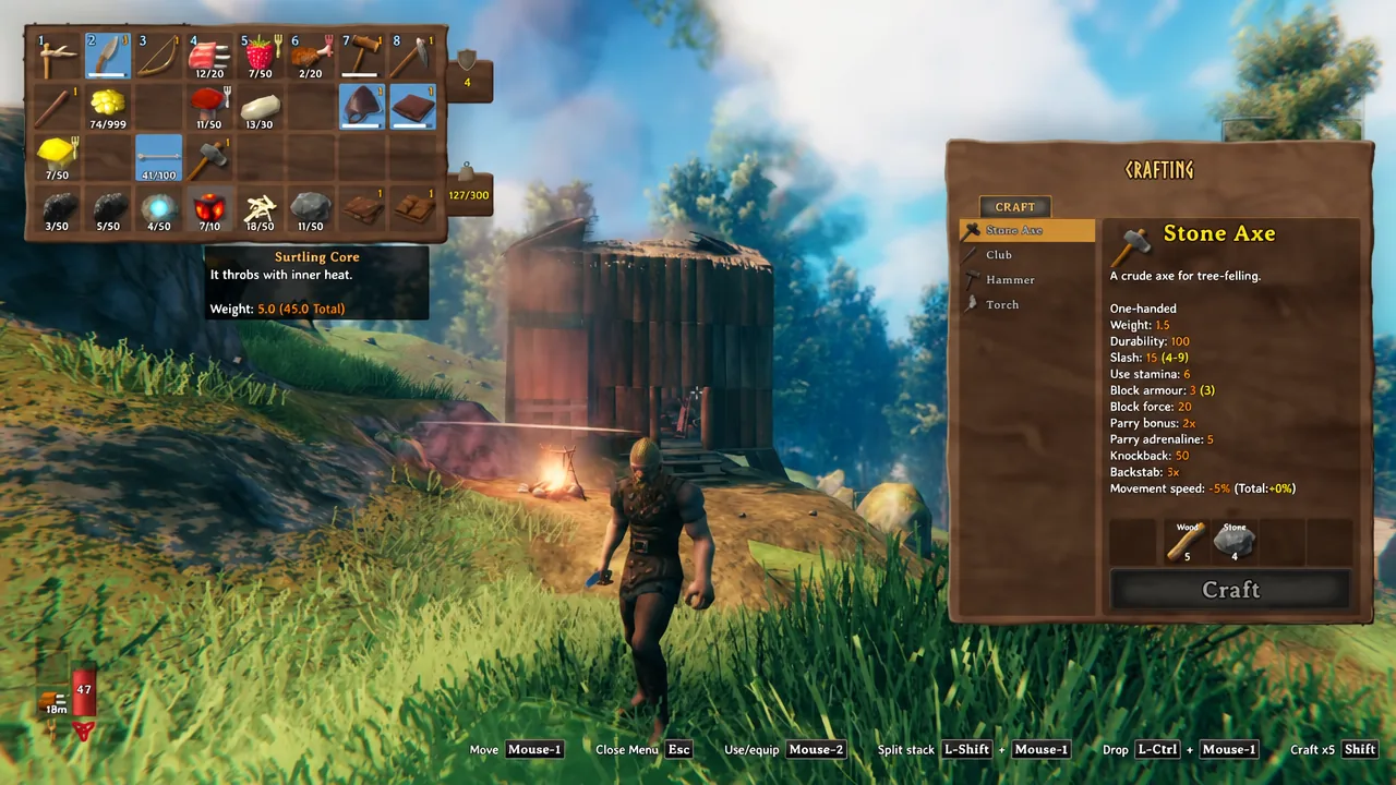 The crafting menu, with the Stone Axe highlighted and ready to craft.