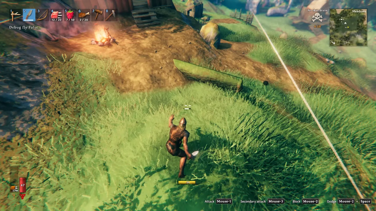 Viking swinging an equipped axe in the Black Forest with hotbar slot two selected