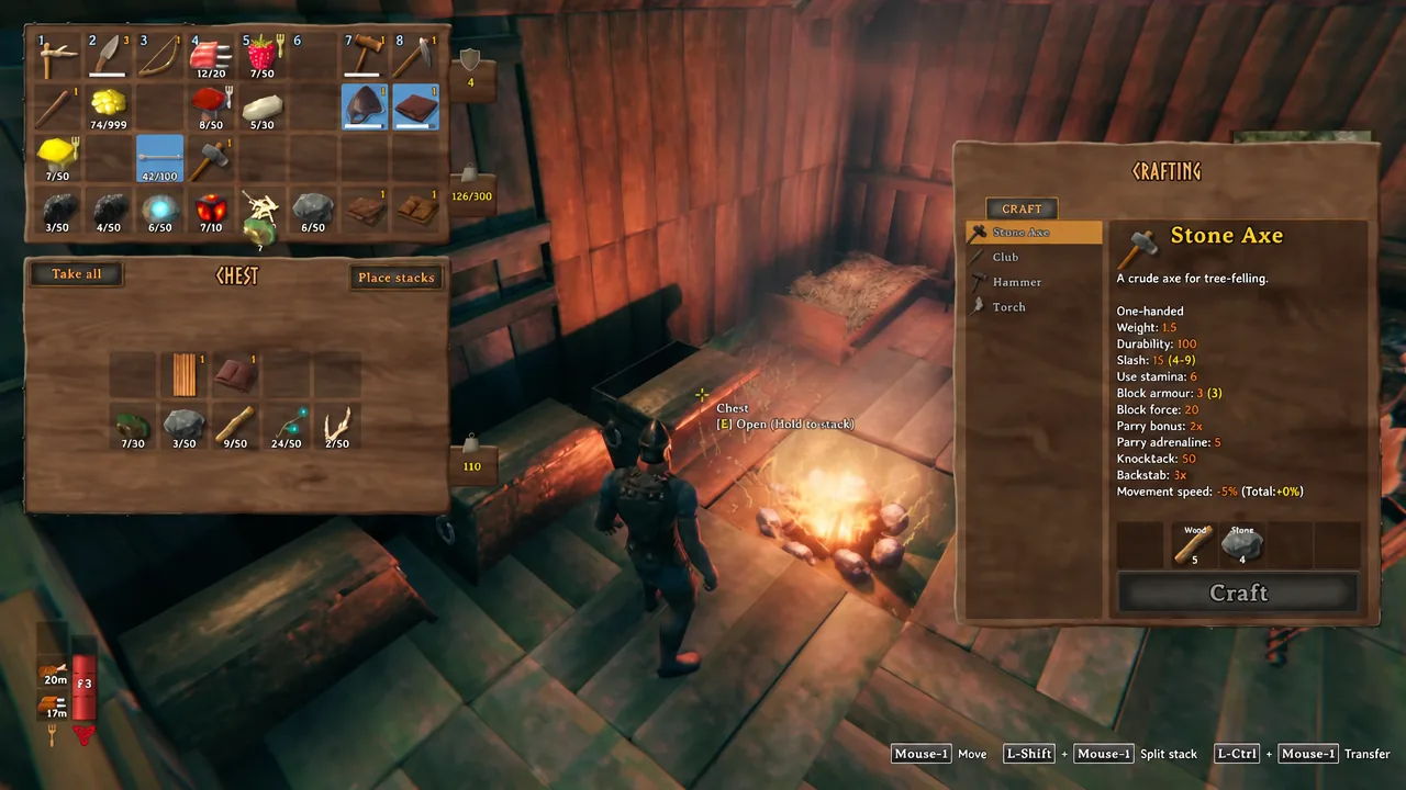 Crafting menu open at the Workbench with the Stone Axe entry highlighted