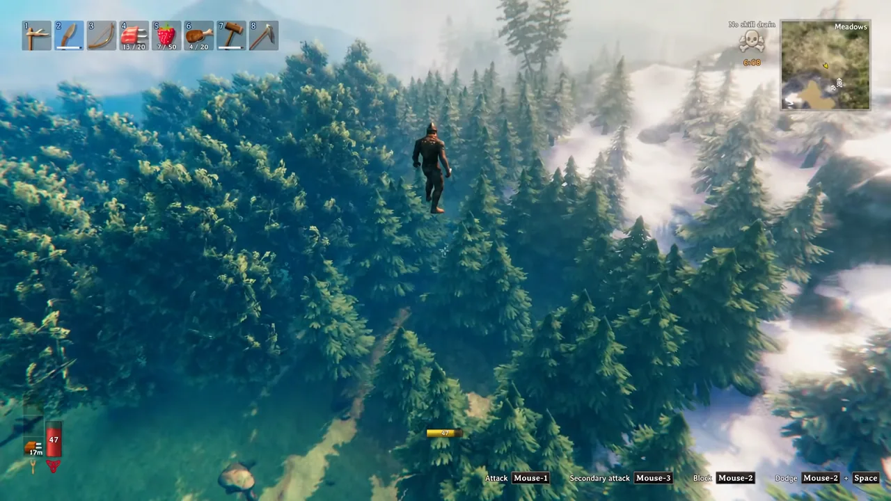 Valheim gameplay view with the hotbar visible before opening the build menu
