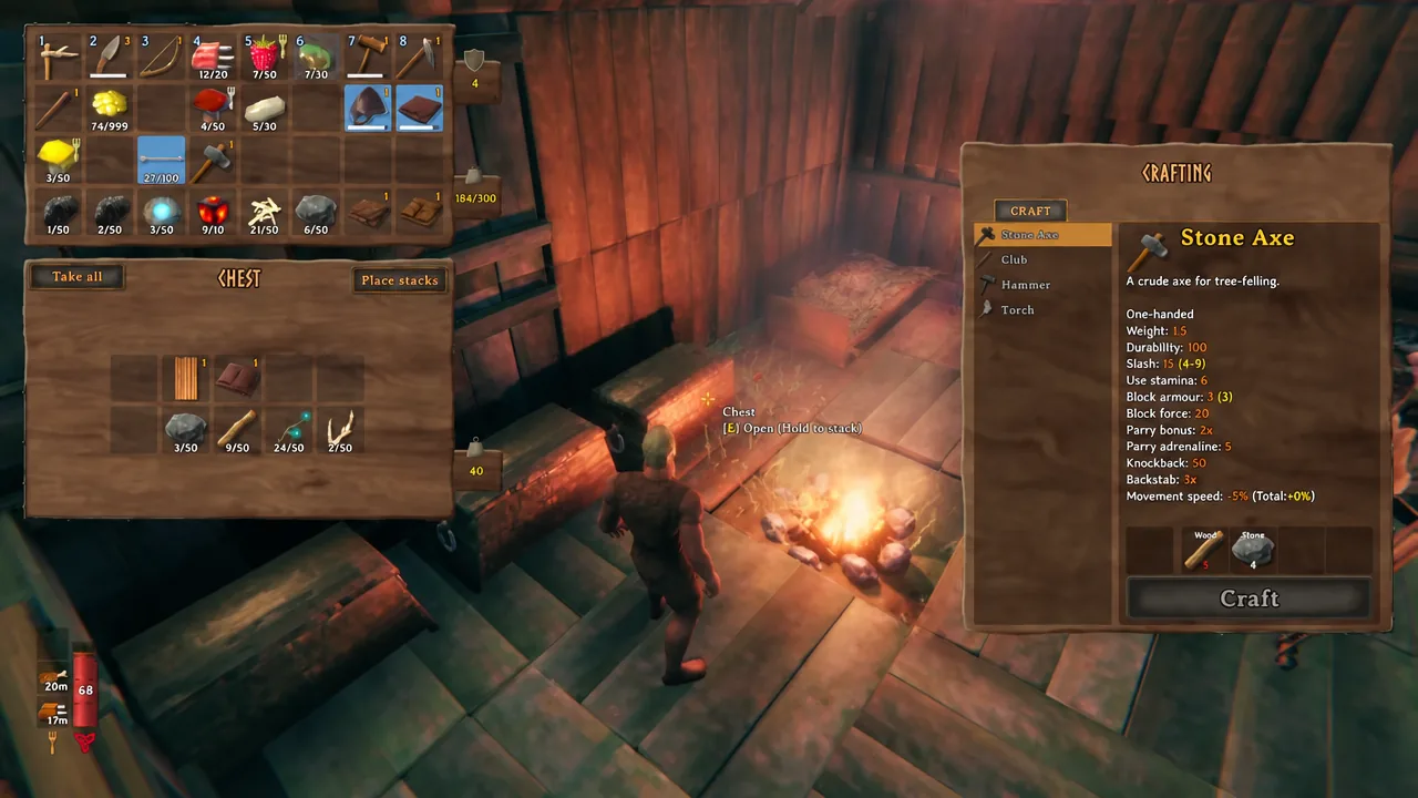 Valheim crafting menu open at a workbench with an item highlighted and the Craft button active