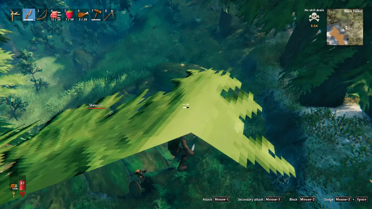 Player fighting a Skeleton in the Black Forest with hotbar slot two selected