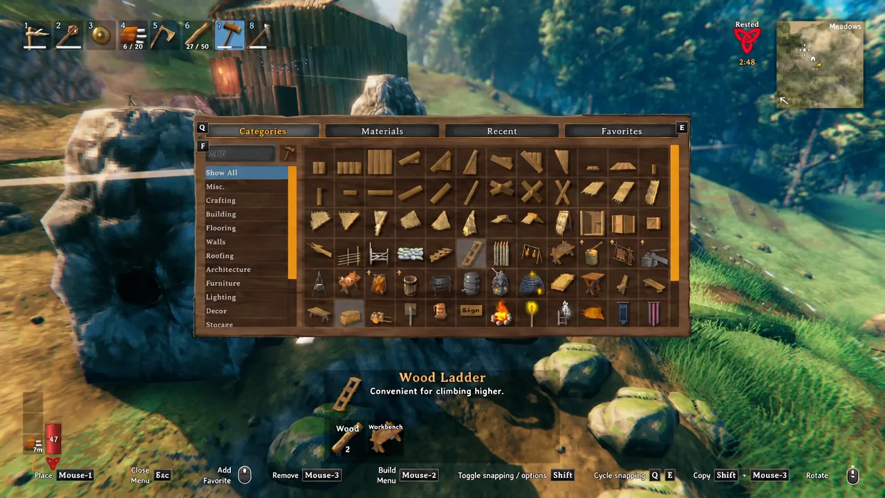 Valheim build menu open with a wooden piece highlighted and ready to place