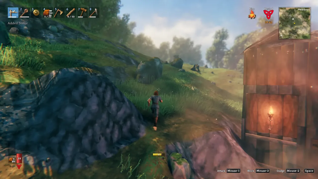 A player running through the Meadows in Valheim while gathering base materials