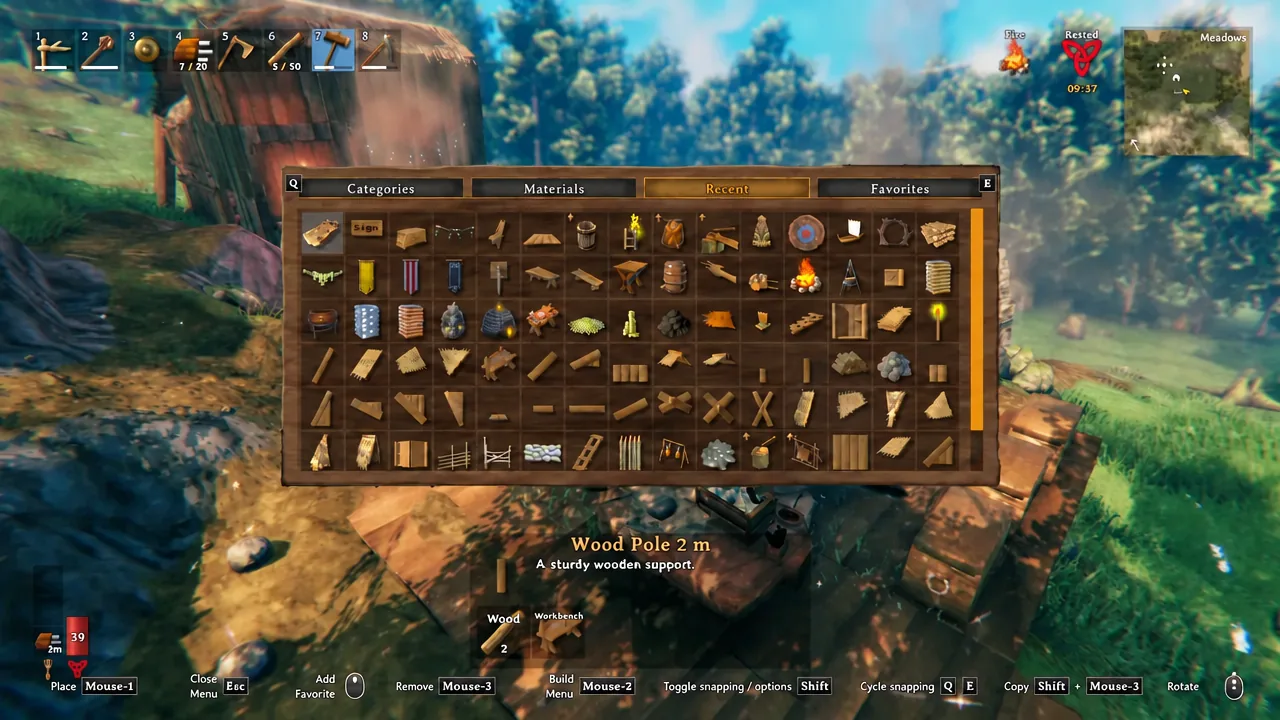Valheim Hammer build menu open with a build piece selected for placement