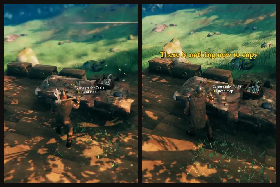 Two Cartography Table screens compared, one with the Read map prompt and one reporting nothing new to copy
