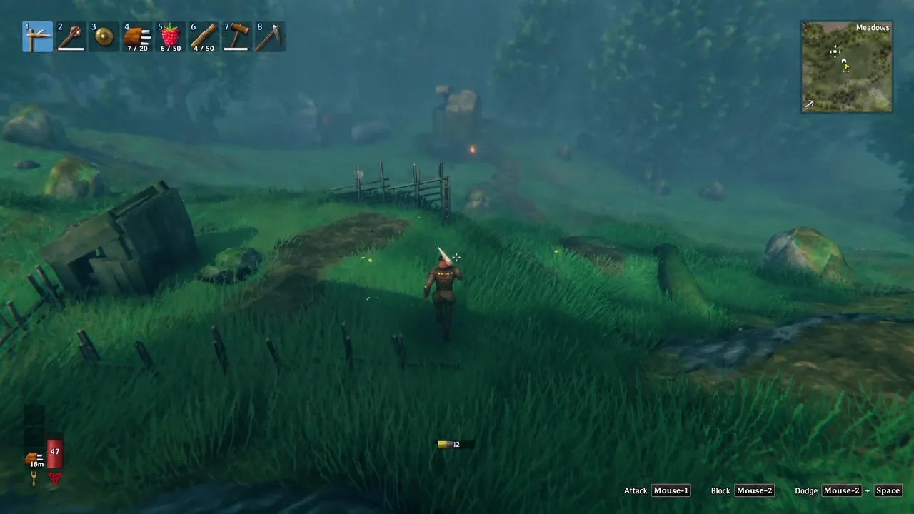 Valheim gameplay view of the open world a cart has to be hauled across