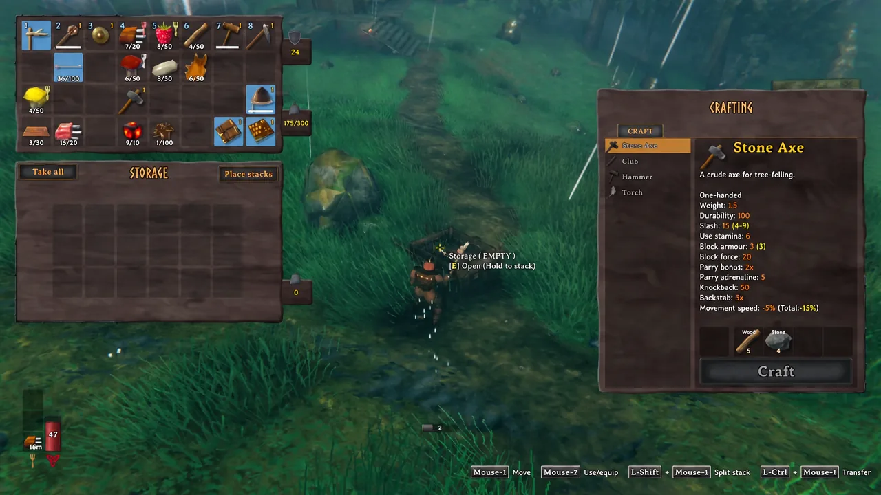 Valheim crafting menu at a Workbench with an item highlighted and the Craft button available