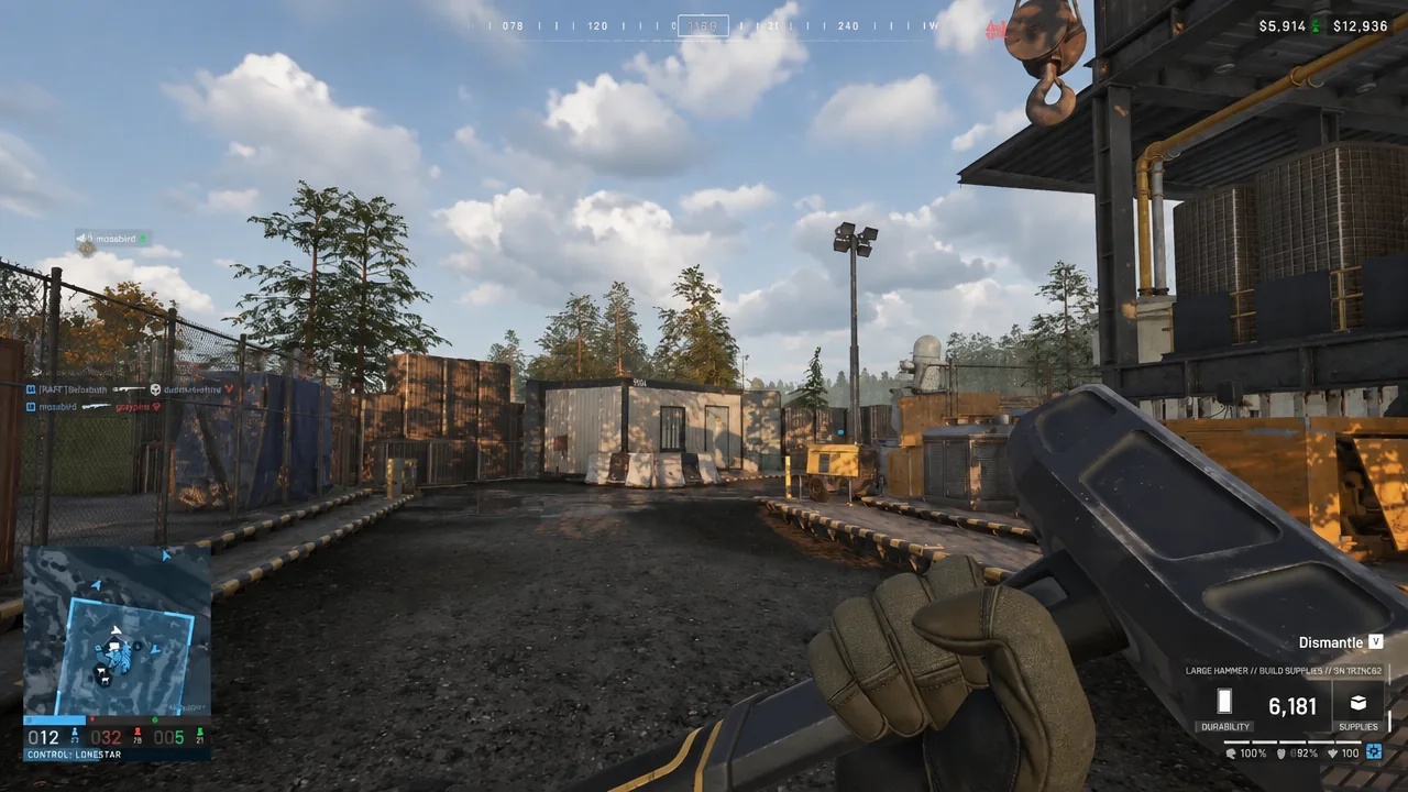 Player using a large hammer with the dismantle prompt on screen