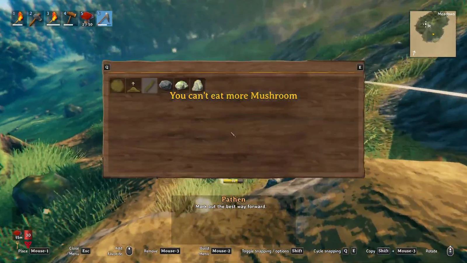 Valheim inventory screen with a food slot message reading you can't eat more Mushroom
