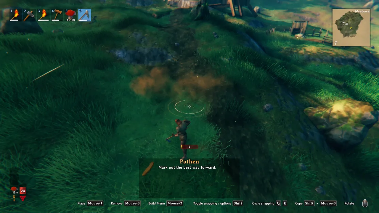 Valheim hoe terrain menu with Pathen highlighted over a marked circle on the ground