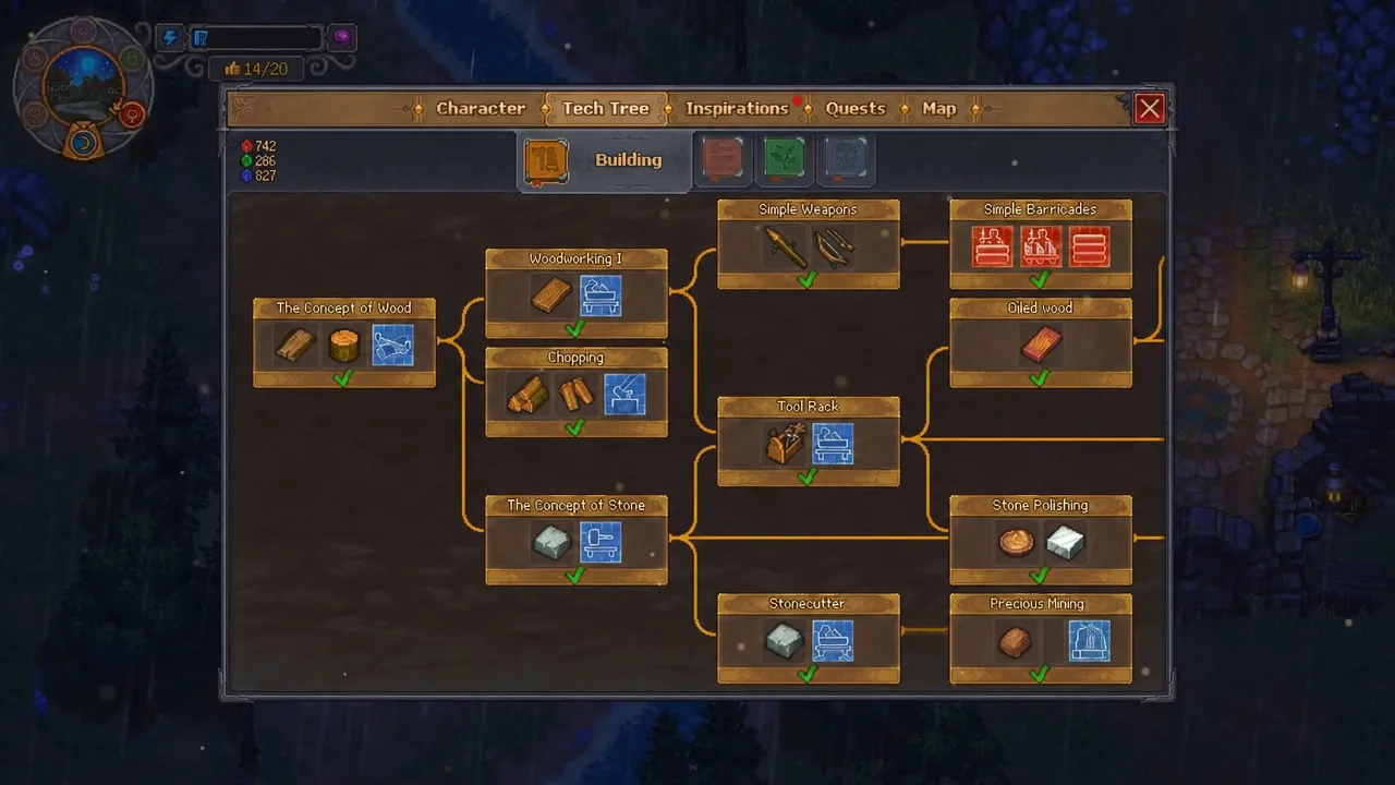 Building tab of the Tech Tree with construction technologies and their prerequisites