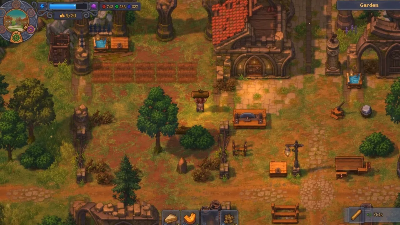 Player character hauling a log through the garden toward the workyard