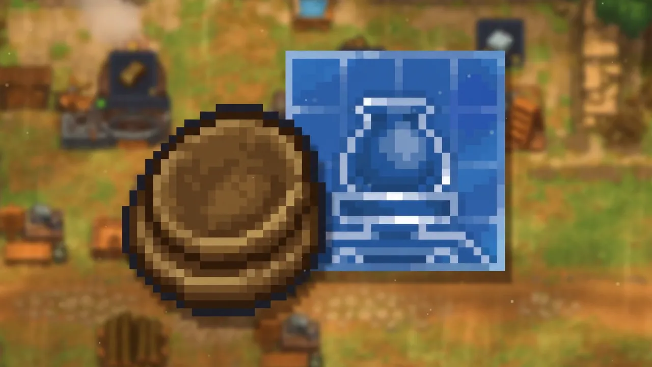 Clay and blueprint icons over gameplay while crafting clay plates at the pottery wheel