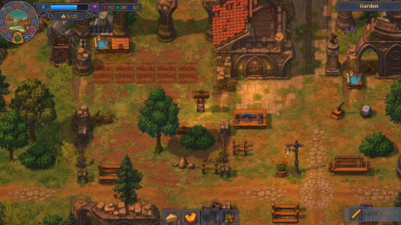 Character carrying a selected log across the garden grounds in Graveyard Keeper 2