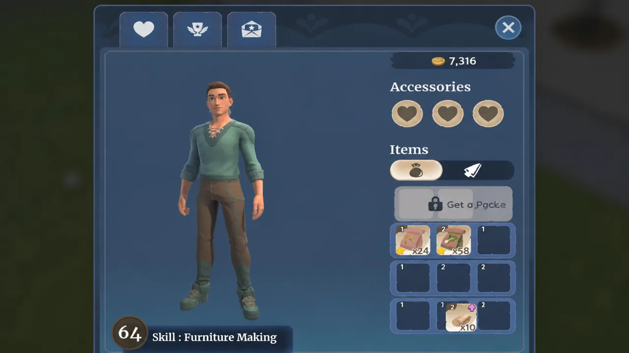 Palia inventory open on the bag items tab, showing stored crafting materials before loading the loom