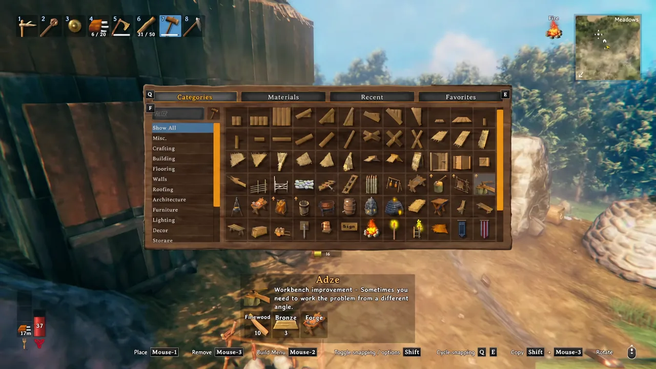 Build menu with Show All active and the Adze entry selected, listing Finewood and Bronze