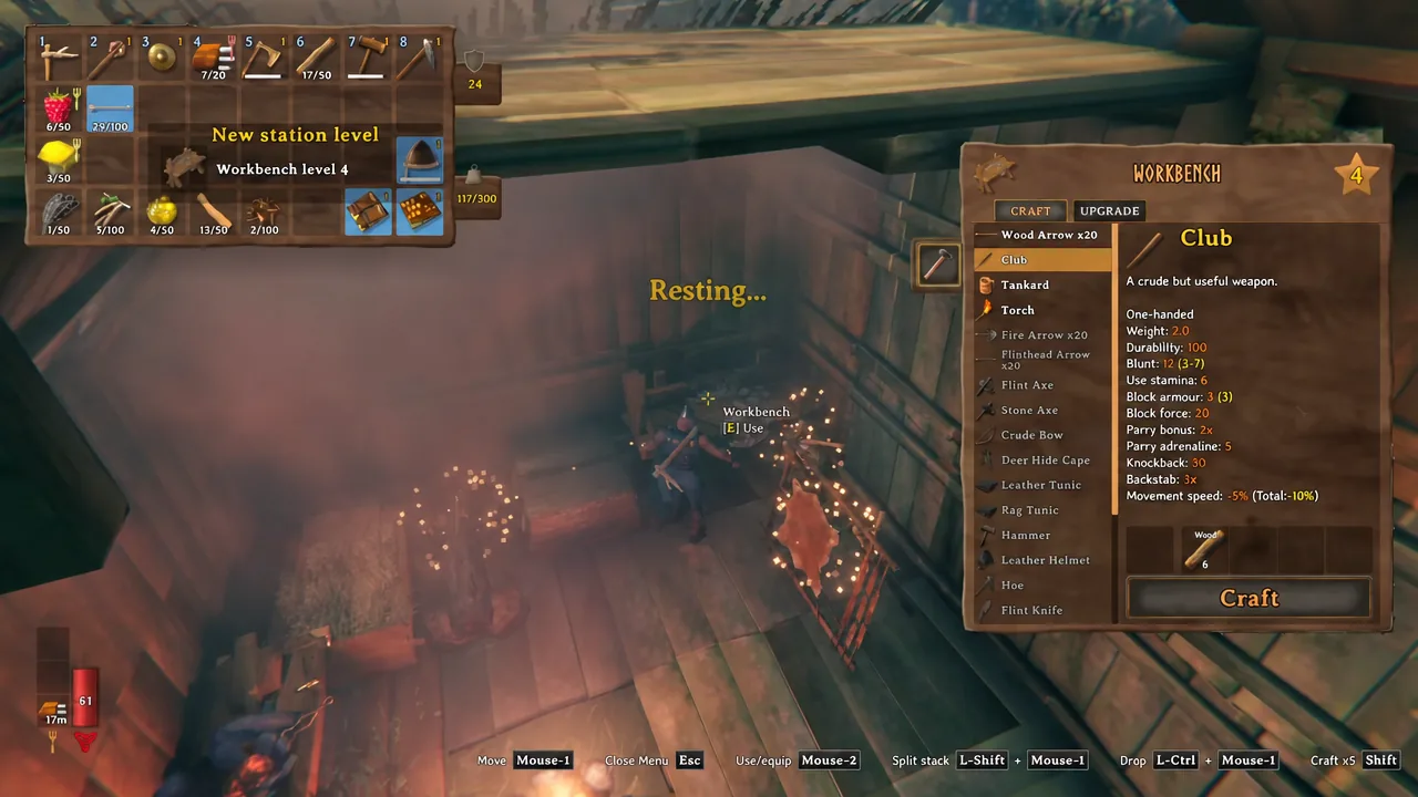 Workbench crafting window showing level 4 status with a new station level notification on screen
