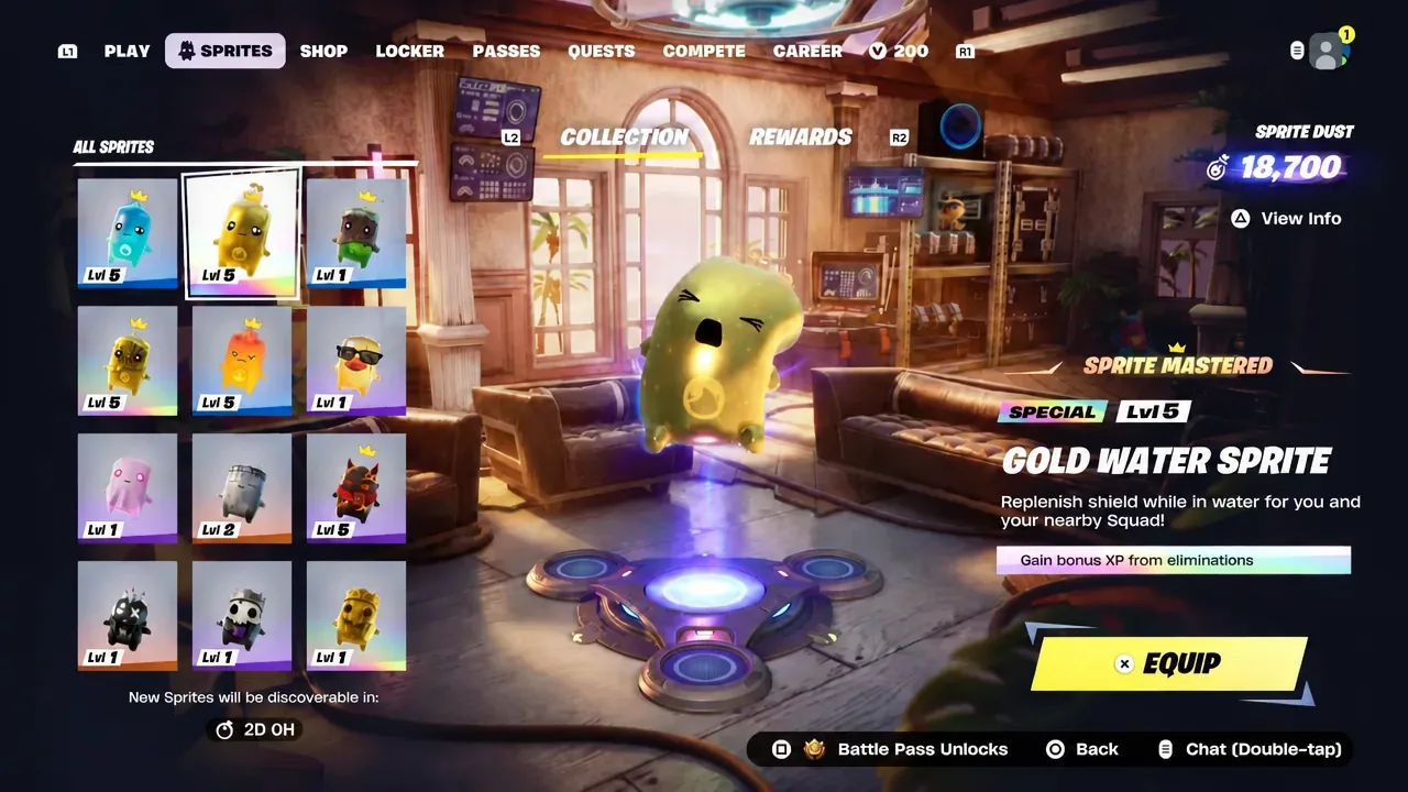 Sprites collection menu with a Gold Water Sprite selected and the Equip option shown