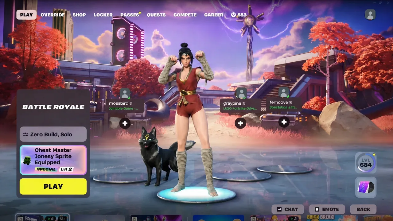 The Battle Royale lobby with the Cheat Master Jonesy Sprite equipped and ready to drop in.