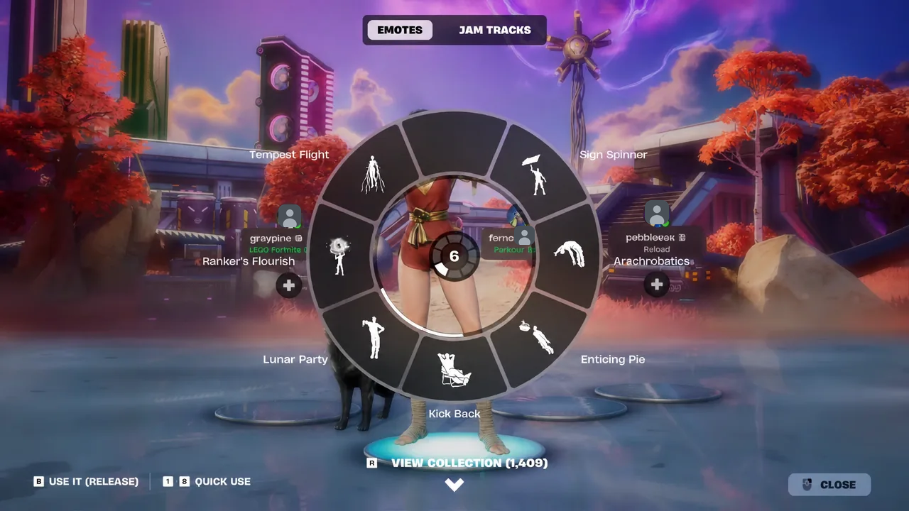 The radial emote wheel open in the lobby.