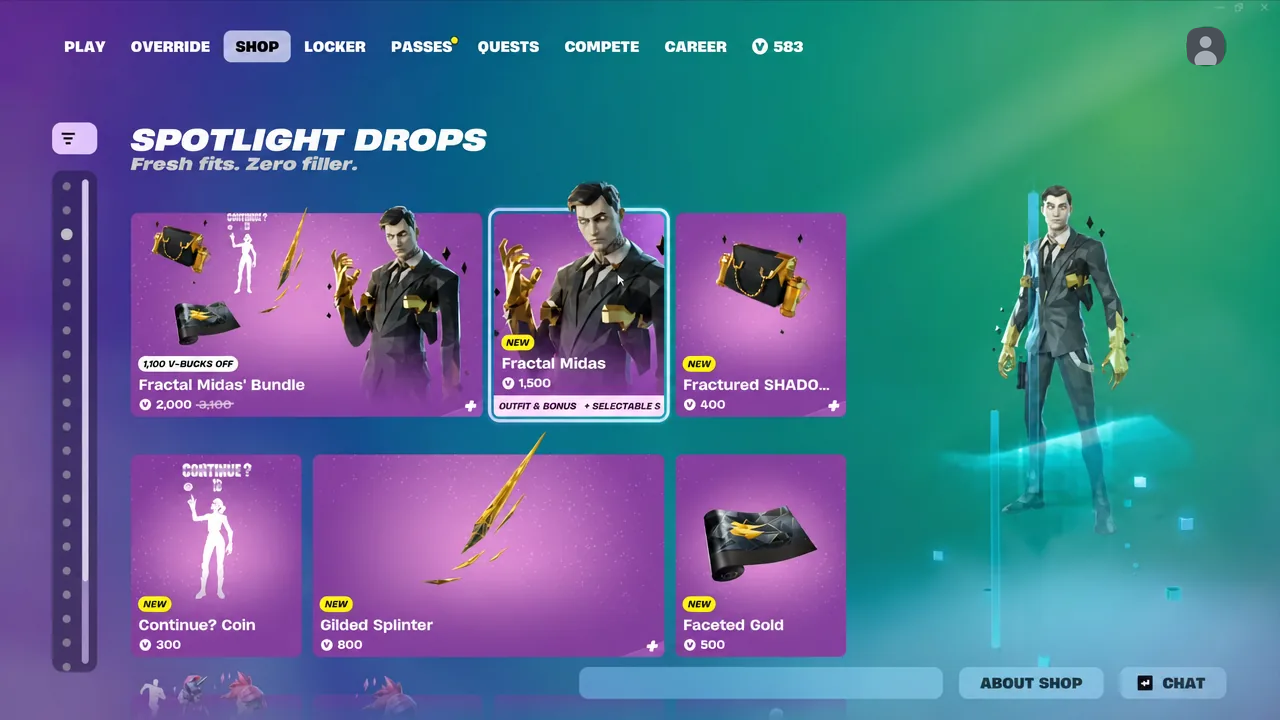 The Spotlight Drops row in the Shop, with Fractal Midas selected.