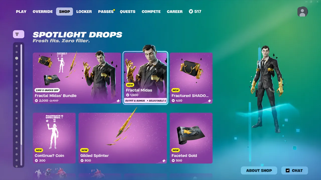 Item Shop page with the Fractal Midas outfit card selected