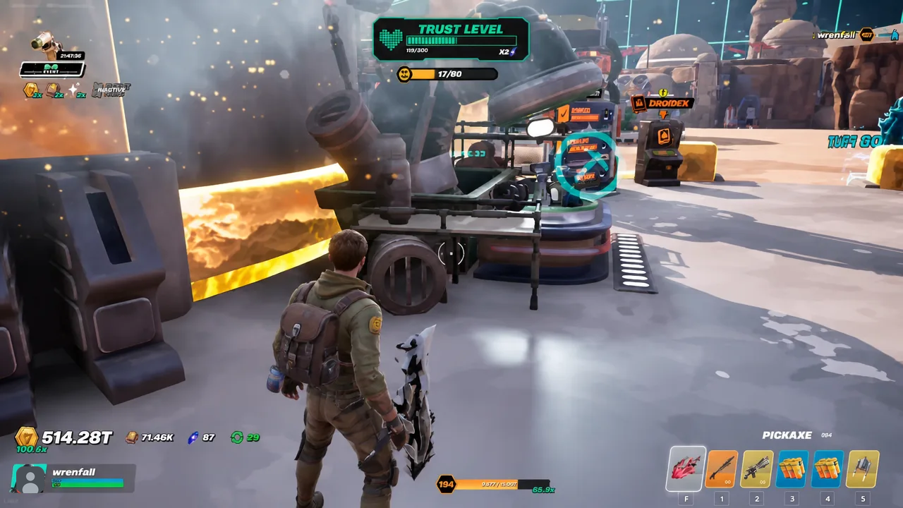 D-O droid stats panel showing the Half Fusion Time perk and worker rate