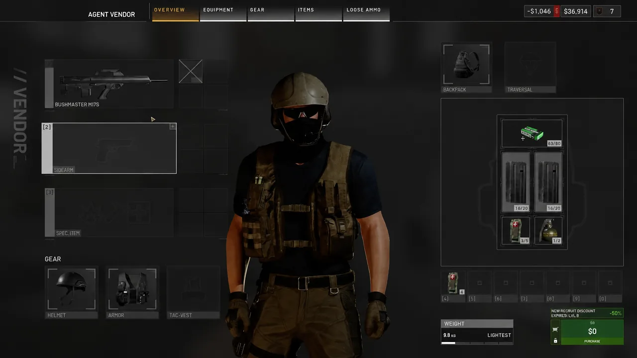 Vendor overview screen in WARDOGS with the Sidearm slot highlighted while building a loadout