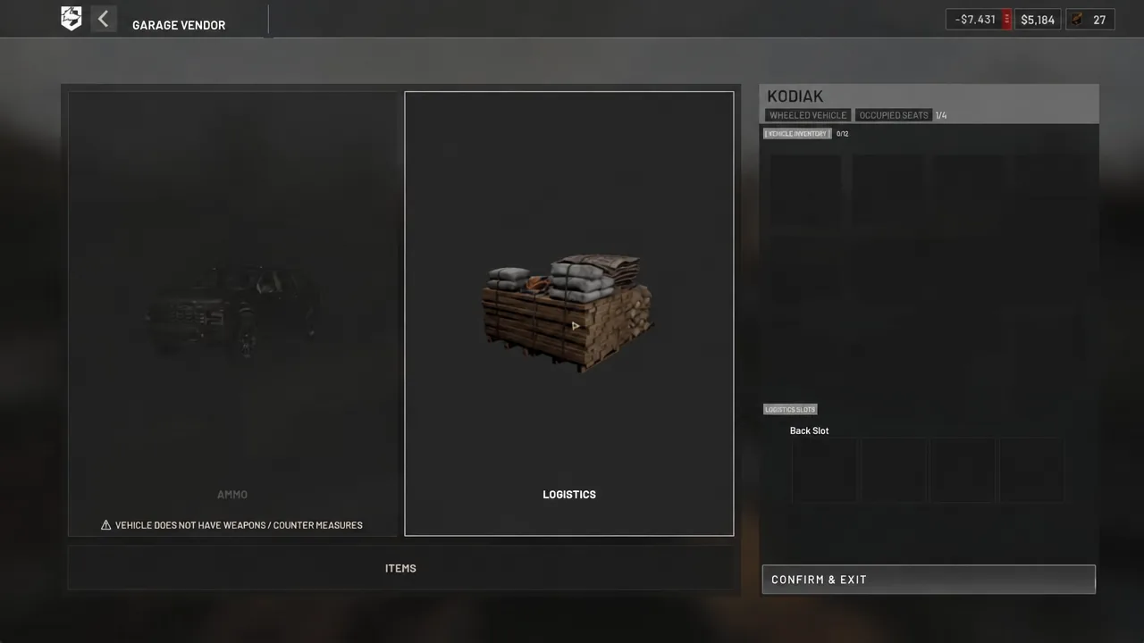 Garage Vendor screen with the Logistics option selected on the Kodiak vehicle loadout