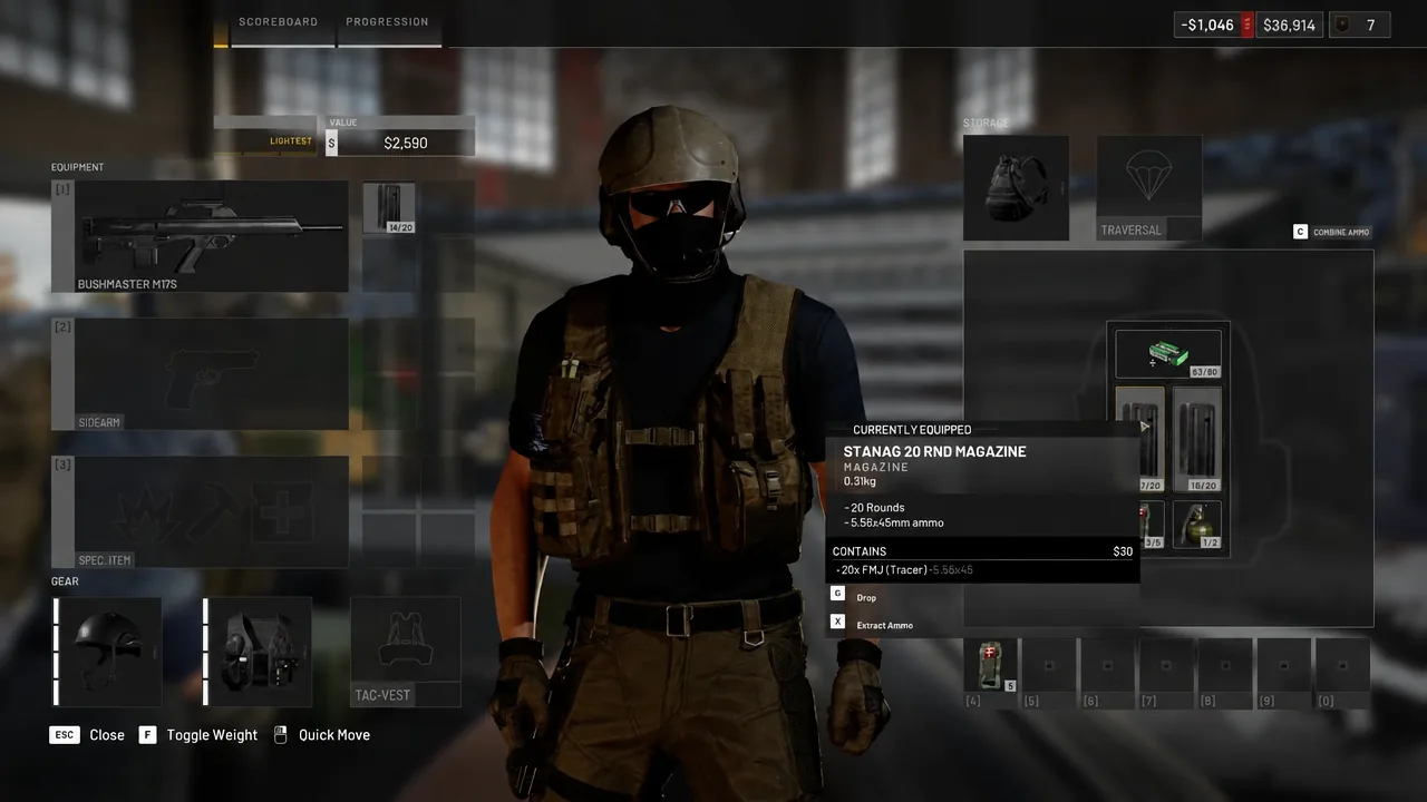 Inventory screen showing the equipped STANAG 20 RND magazine with its contents and Extract Ammo option