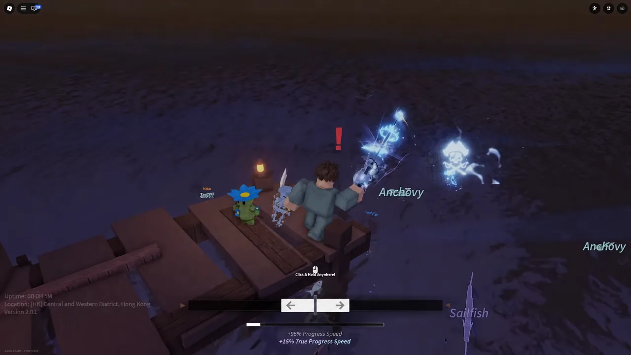 The sprout companion standing beside the player at night with glowing blue eyes