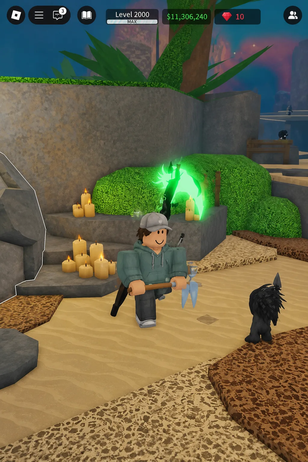 Glowing green firefly light next to the player character on Skycrest at night